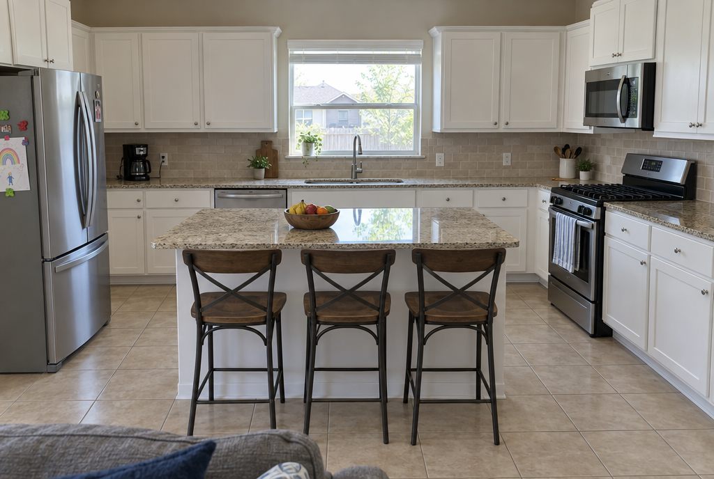 The same family kitchen after a clean: clear counters, an empty sink and a spotless floor