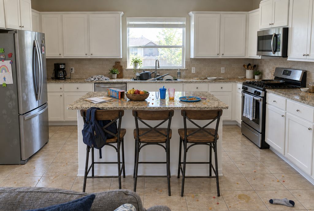 A family kitchen before a clean: dishes in the sink, cereal and cups on the island, crumbs on the floor