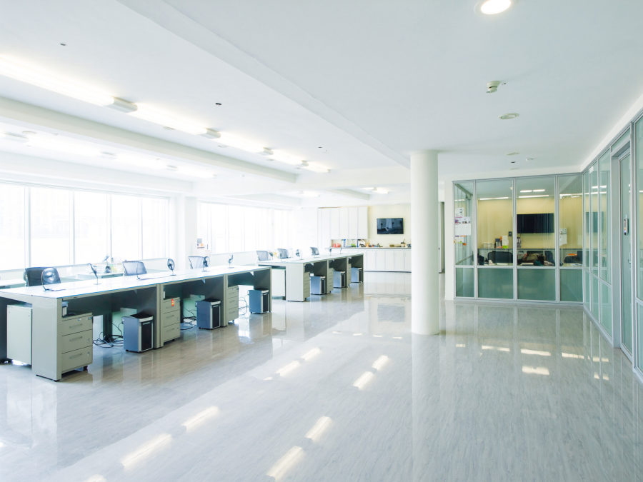 A spotless, brightly lit commercial office space